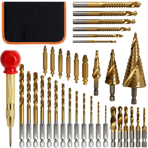 All In One 35 Piece Drill Bit Kit With 3 Step Drills 4 To 12, 4 To 20, 4 To 32, 13 Twist Bits, 6 Taps M3 To M10, 6 Screw Extractors, Titanium Coated High Speed Steel, For Plastic Wood And Metal, Includes Center Punch And Handy Storage Bag displayed in a grid with a black and orange storage bag.