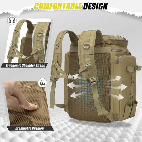 Fishing Backpack 45L With Rod Holders, Water Resistant Tackle Storage Pack shown with ergonomic shoulder straps and breathable back cushion