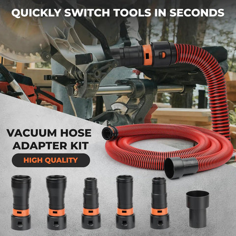 10 Ft 1 1/4 Inch Dust Collection Hose Kit With 6 Adapters For Home And Shop Vacuums displayed with woodworking tools