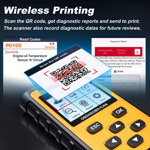 OBDII Diagnostic Tool That Reads And Clears Check Engine Codes With Wireless Printing interface showing live data results