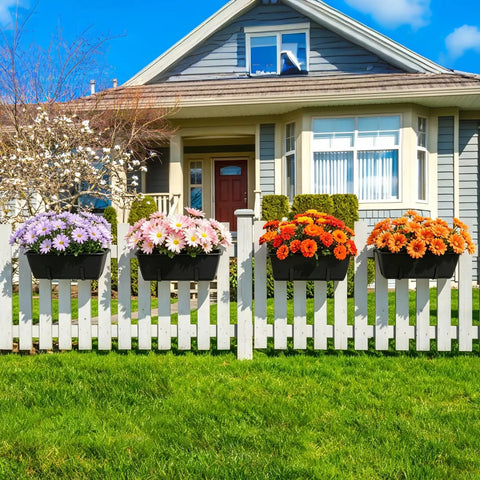 Railing Planter Box Kit 4 Pack With Adjustable Brackets 17 Inch Hanging Planters For Outdoor Plants on white picket fence