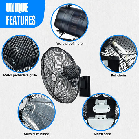 18 Inch Outdoor Oscillating High Velocity Wall Fan With 4150 CFM Heavy Duty Weatherproof UL-Certified Motor features