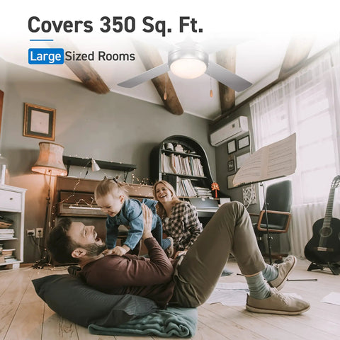 52 Inch Ceiling Fan With Lights For Big Rooms, Modern Silver 4 Plywood Blade Ceiling Fan in a cozy living room