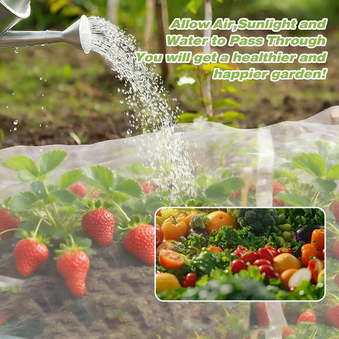 Pro Grade Garden Bug Netting 10x20 Feet Square Mesh Pest Barrier covering strawberries with watering can in use