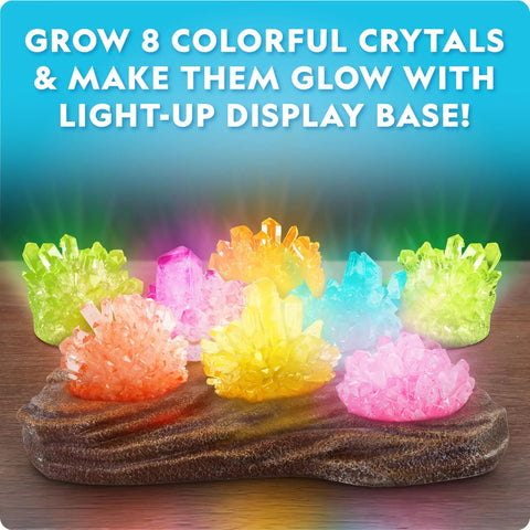 Fast Growing Crystal Kit For Kids With Eight Colors Blue Pink Red Purple Green Orange Yellow And Glow In The Dark Totally Fun STEM Science Gift For Ages Eight To Twelve Kid Friendly Crystal Craft That Grows In Three To Four Days, crystals on light-up base