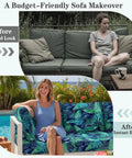 Before and after transformation of outdoor sofa with 8 Pack Outdoor Cushion Covers Water Resistant High Stretch Fit For 20 To 27 Inch Patio Cushions 180G Machine Washable Slipcovers For Pets And Kids Freshen Up Your Patio Sofa With Palm Leaves Pattern, featuring a lush palm leaves design.