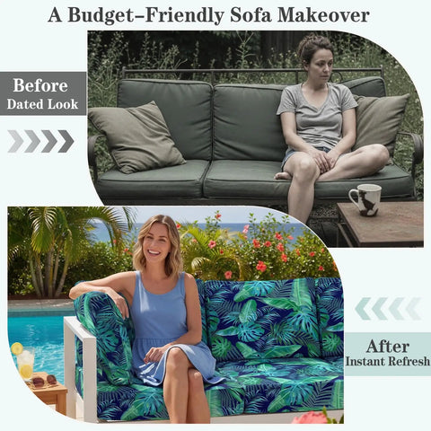 Before and after transformation of outdoor sofa with 8 Pack Outdoor Cushion Covers Water Resistant High Stretch Fit For 20 To 27 Inch Patio Cushions 180G Machine Washable Slipcovers For Pets And Kids Freshen Up Your Patio Sofa With Palm Leaves Pattern, featuring a lush palm leaves design.