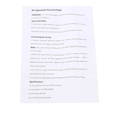 Instruction manual for Straight Up Slick Pneumatic Vacuum Pump For Auto Air Conditioning Service Heavy Duty Design.