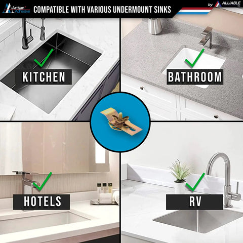 Heavy Duty Sink Clips 25 Pack For Undermount Sinks And Surfaces Easy Install Kitchen And Bathroom Sink Brackets, shown in various settings.