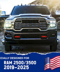 Front view of a Ram 2500/3500 showcasing red tow hook covers. Ram Tow Hook Covers For 2019-2026 2500 3500 Front Installation Red Silicone Rubber