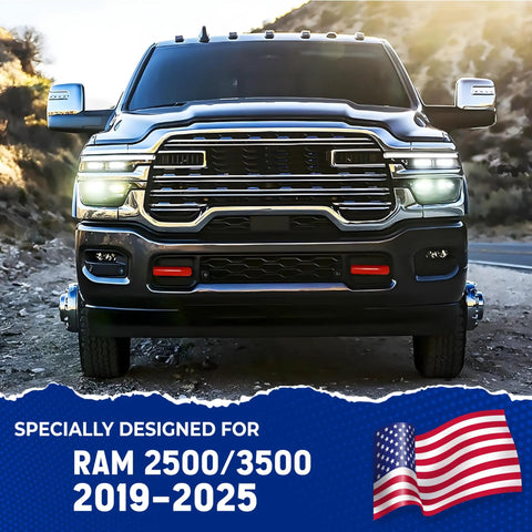 Front view of a Ram 2500/3500 showcasing red tow hook covers. Ram Tow Hook Covers For 2019-2026 2500 3500 Front Installation Red Silicone Rubber