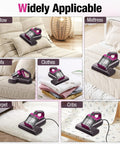 Beast Power Mattress Vacuum Cleaner With 17Kpa Suction 650W Motor UV C Light on multiple surfaces including pillows, mattresses, sofas, clothes, carpet, and cribs.