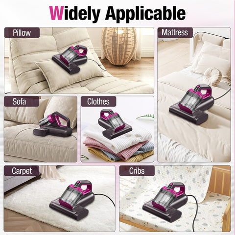 Beast Power Mattress Vacuum Cleaner With 17Kpa Suction 650W Motor UV C Light on multiple surfaces including pillows, mattresses, sofas, clothes, carpet, and cribs.