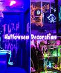 2 Pack 36W LED Black Light Bulbs E26 PAR38 Glow In The Dark UV 395nm for Halloween decorations with glowing skeletons and spider webs.