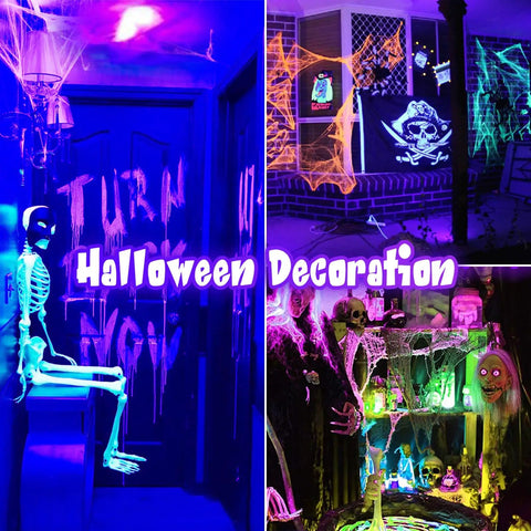 2 Pack 36W LED Black Light Bulbs E26 PAR38 Glow In The Dark UV 395nm for Halloween decorations with glowing skeletons and spider webs.