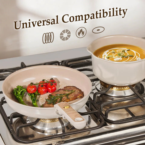 Nonstick Ceramic Cookware Set With Detachable Handle For Everyday Cooking on stove, induction ready, food being cooked
