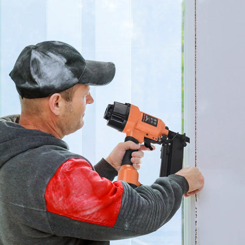 Person using 16 Gauge Pneumatic Finish Nailer for trim and molding projects from seven eighths inch to two and a half inches