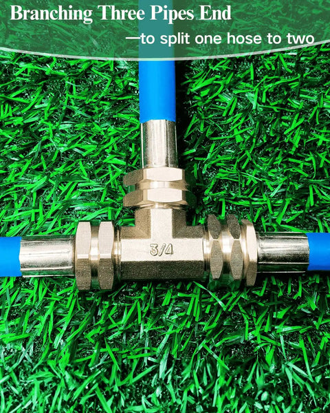 Beefy Brass Hose Tee Fitting Three Quarter Inch GHT Female To Male To Male Three Way Swivel Connector For Yard Watering Rust Resistant Leak Free Outdoor Hose Adapter Heavy Duty And Easy To Attach, 3/4 brass hose tee