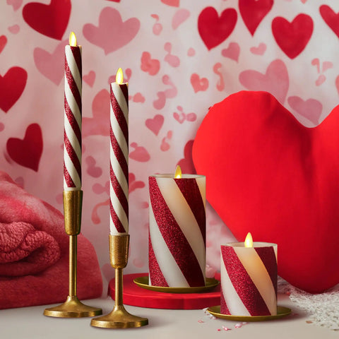Flameless LED Candy Cane Pillar Candle With Moving Flame, Battery Operated 6.5 Inch Red Glitter Stripe, Unscented Indoor Safe