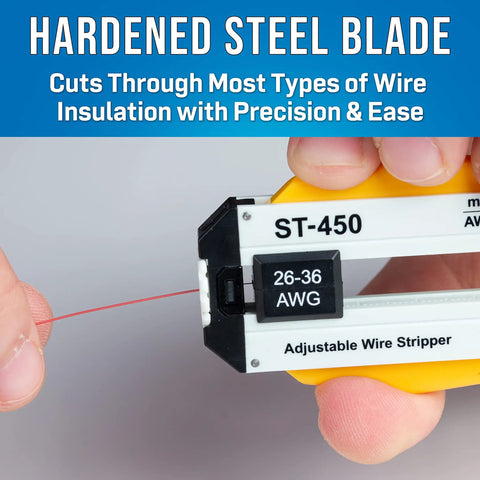 Close-up of Adjustable Precision Wire Stripper for 26-36 AWG wires with hardened steel blade cutting red wire.