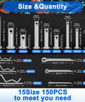 150 Piece 304 Stainless Steel Clevis Pins Cotter Pins R Clips Pro Grade Assortment Kit With 15 Sizes For Trailer Hitch Automotive And Machinery Use Flat Head Fasteners Ready For Repairs shown with size and quantity details.