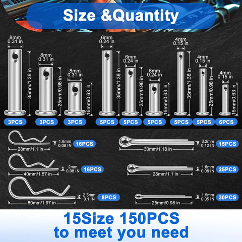 150 Piece 304 Stainless Steel Clevis Pins Cotter Pins R Clips Pro Grade Assortment Kit With 15 Sizes For Trailer Hitch Automotive And Machinery Use Flat Head Fasteners Ready For Repairs shown with size and quantity details.