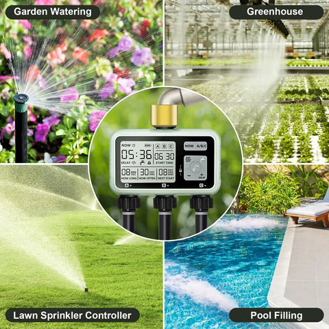 3 Zone Brass Inlet Watering Timer With Rain Delay, Auto And Manual Modes, 3 Outlet Sprinkler Timer for garden, lawn, and pool.
