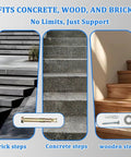 Super Tight Grip Outdoor Handrails For Steps And Indoor Stair Railing Kit Black Iron Guard with images of brick, concrete, and wooden steps.