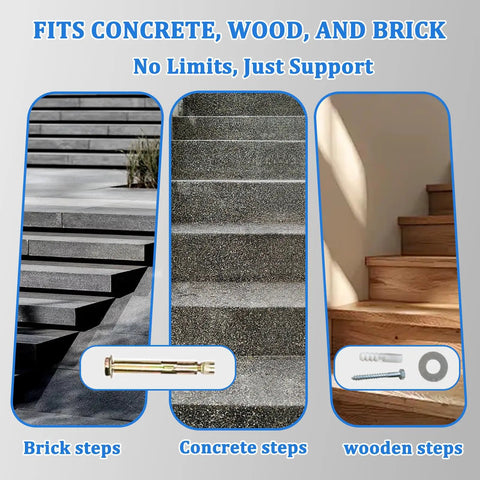 Super Tight Grip Outdoor Handrails For Steps And Indoor Stair Railing Kit Black Iron Guard with images of brick, concrete, and wooden steps.