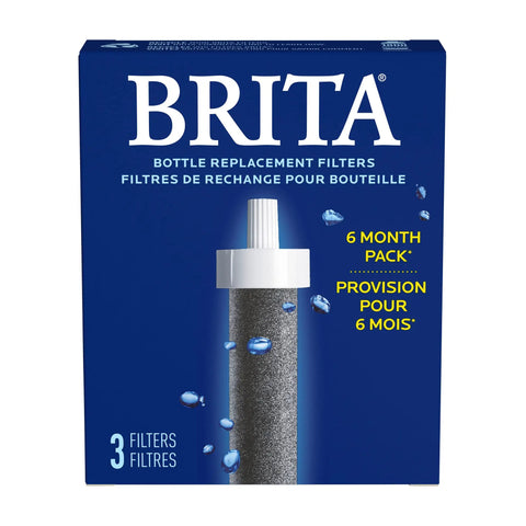 Water Bottle Replacement Filters BPA Free 3 Pack That Cut Chlorine Taste And Odor, box with Brita branding