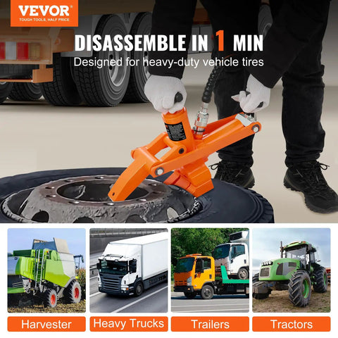 Hydraulic Bead Breaker With 10000 PSI Power And Metal Foot Pump Heavy Duty Steel Bead Breaker Tool in use on heavy-duty tire