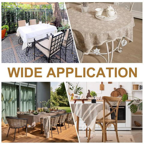 Eight Piece Tablecloth Weights With Flower Shaped Pendants And Metal Clips shown on different table settings outdoors and indoors