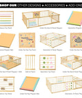 Natural Pine Wood Foldable Baby Playpen With 10 Expandable Panels And Built In Jumbo Activity Toys Tot Approved, featuring various designs.
