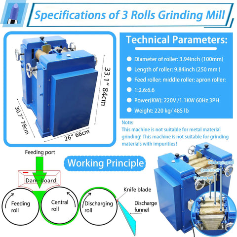 Heavy-Duty Pro Grade Triple Roll Mill Grinder Machine 220V With 3.94 x 9.84 Inch Metal Rollers diagram with specs and features