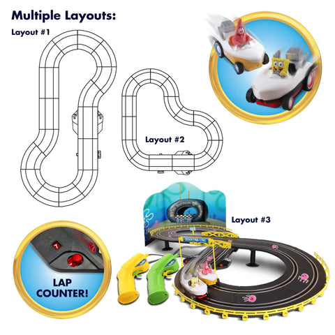 Eight Feet Of Track SpongeBob Hot Rod Boat Slot Car Race Set With Dual Player Racing Lap Counter Three Track Layouts design