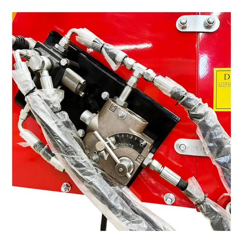 Close-up of 8 Inch PTO Wood Chipper With Hydraulic Infeed red exterior with visible hydraulic connections for yard debris chipping machine.