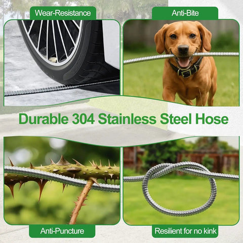 Upgraded Metal Garden Hose Reel With 100 Ft Main Hose And 6.2 Ft Guide Hose showing durability against wear and puncture
