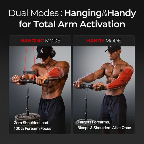 Athlete using Hanging Wrist Roller Pro Forearm Trainer And Grip Strengthener in hanging and handy modes for arm activation