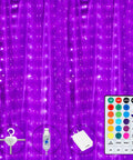 16 Color Changing Curtain Lights With 250 LEDs, 9.8 By 8.8 Feet Fairy String Lights shown in purple with remote control