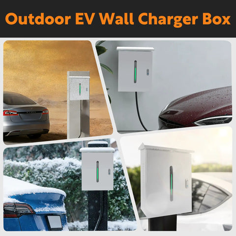 Slick Outdoor Electric Vehicle Charger Cover With Viewing Window For Tesla And Universal Wall Box Weatherproof Secure Locking Design No Sweat Install For Home Use, showcasing multiple views and settings.