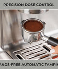 Espresso Machine With Auto Tamper Auto Cleaning Milk Frother And Built In Grinder For At Home Barista Grade Cappuccinos Lattes And Macchiatos With Nine Bar Pressure Extraction And Cafe Quality Crema In Sleek Stainless Steel showing portafilter and tamping mechanism.