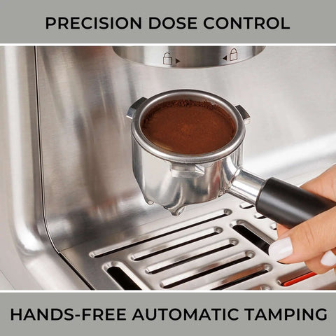 Espresso Machine With Auto Tamper Auto Cleaning Milk Frother And Built In Grinder For At Home Barista Grade Cappuccinos Lattes And Macchiatos With Nine Bar Pressure Extraction And Cafe Quality Crema In Sleek Stainless Steel showing portafilter and tamping mechanism.