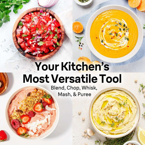 Diverse food preparations displayed in bowls, showcasing the Badass Eight Attachment Hand Blender With Slick Smart Speed Controls And Instant Pulse Mode For No Fuss Vegetable Pureeing Herb Chopping And Creamy Soup Making In Your Home Kitchen.