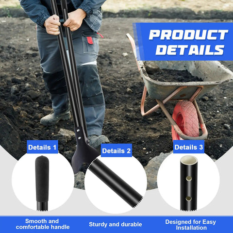 Close-up of 2 Pack 48 Inch Fiberglass Post Hole Digger Handles Replacement For 58 Inch Heavy Duty Hole Digger 1.2 Inch Diameter Includes Rubber Coated Gloves with design details.