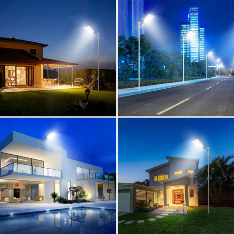 Solar Outdoor Security Light Kit illuminating driveways and walkways at night with remote control, 20 heads, 15000LM, IP65 waterproof.