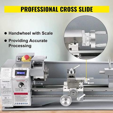 Mini Metal Lathe Machine 1100W With 220mm Swing Over Bed And 750mm Between Centers Variable Speed Digital Display showing the professional cross slide detail.