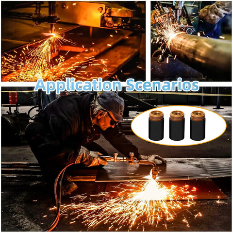 Three Pack Plasma Cutter Retaining Caps For 45PX 65 85 105 HRT MRT Torches shown in use with sparks flying