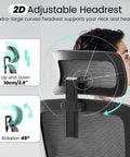 2D adjustable headrest on ergonomic office chair with 400 lb weight capacity, ultra comfy, for home or office use