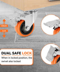 Heavy Duty Furniture And Workbench Casters Set Of Four Premium Polyurethane Wheels Dual Locking Brakes shows orange wheel with locking mechanism.