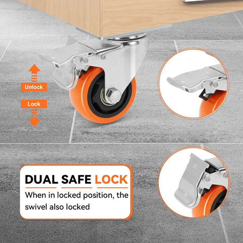 Heavy Duty Furniture And Workbench Casters Set Of Four Premium Polyurethane Wheels Dual Locking Brakes shows orange wheel with locking mechanism.